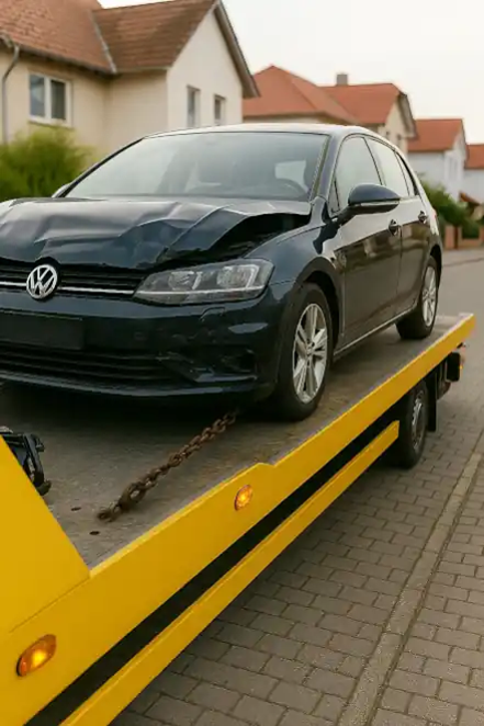 Ein defektes Auto, das für den Autoankauf in Kiel abgeschleppt wird.
